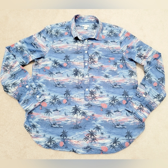 J.CREW Printed Popover Hawaiian Beach Sunset Tunic Blue 100% Cotton Size XL - Picture 5 of 11